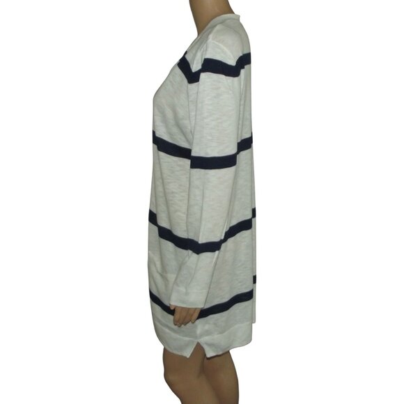 Old Navy Cardigan Sweater Womens Size Large Cream Navy Blue Striped pockets Midi - Picture 8 of 12